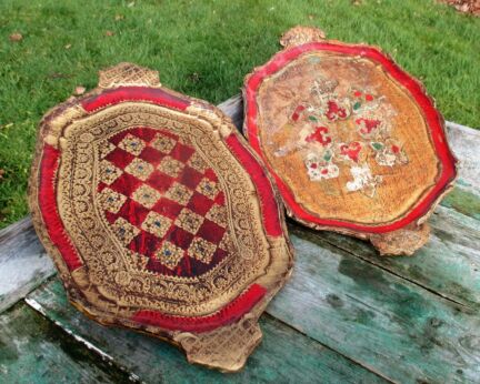 Italian Mid Century Hollywood Regency Florentine 2 red Gold Gild Serving Trays