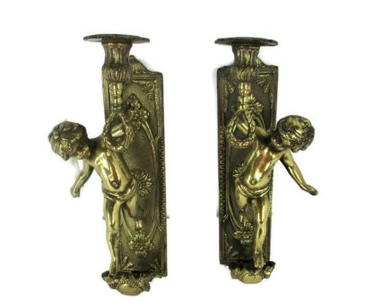 Pair Gorgeous Wall Mounted Sconces Candle Holders Putti Cherub Angels Brass