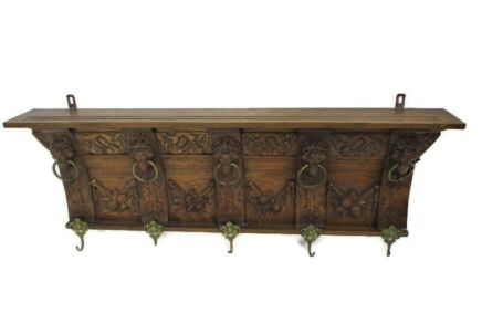 Gothic Stunning Hand Carved Wood Oak Coat Kitchen hat Rack Lion Heads Rings WOW