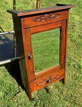 Antique Carved French Massive Oak medicine bathroom Cabinet Beveled Glass mirror