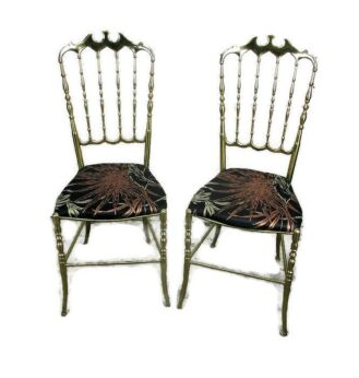Vintage Authentic Pair Couple Chiavari Chairs Brass Italian Hollywood Regency
