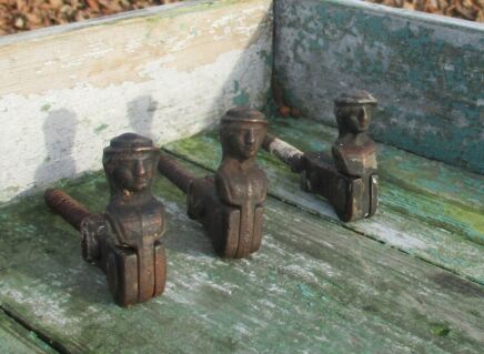 3 Antique Cast Iron Window Shutter Stoppers Figurine Bonhomme French Authentic