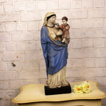 Large 19th century Statue Virgin Mary Infant Child Polychrome Plaster Chapel