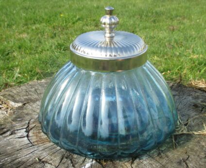 blue jar bonbonniere heavy hand blown glass air bubbles nice shape Lid