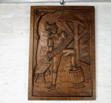 Vintage Hand Carved Wooden Wall Panel Plaque Harmonica Accordion Player