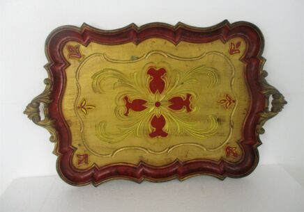 Large Mid Century Italy Hollywood Regency Florentine Serving Tray Red Gold Resin Decoration Ornate