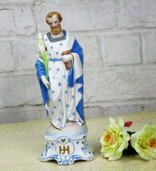 Antique Statue Saint Joseph Infant Child Bisque Porcelain Lovely Blue