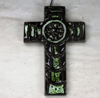 Mid Century Modern Ceramic Modernist Crucifix Green Brown Basic HTF 8.26"
