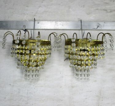 Petite Empire Prisms Chandelier Sconces Wall Lamps Lights pair Light Brass Metal