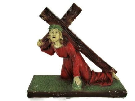 Large Statue Jesus Christ Carrying Cross Crucifix Golgotha Plaster Polychrome Gorgeous
