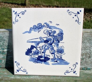 Vintage Blue White Ceramic Tile Fisherman Italy Italian