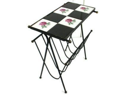 Vintage Mid Century Modern Magazine Newspaper Basket Side Table Roses Tiles