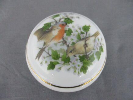 Limoges Porcelain Marked France Round Lidded Trinket Jewelry Box Temet French Birds Lovely