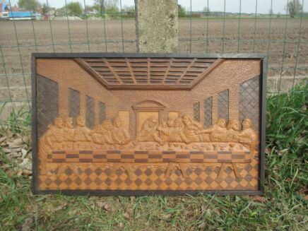 Hand Carved Wood Wall Panel Jesus Christ Angels Last supper Tableaux Signed