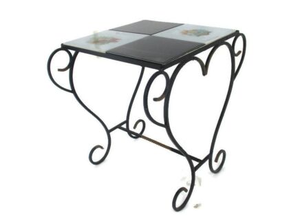 Vintage Small Side Table Plant stand Ceramic tiles Checkered pattern Wrought Iron Funky Nordic Modernist