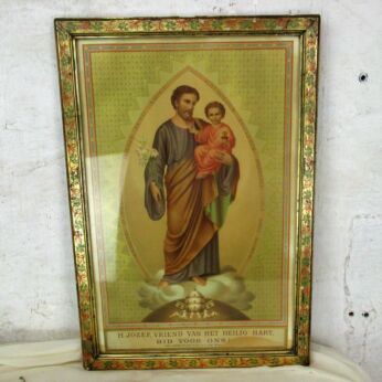 Antique Wooden Frame Holy St Joseph Infant Jesus Print Lithography Indulgence