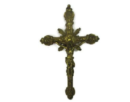 Ornate Hanging Wall Crucifix Cross Brass Jesus Christ Corpus Christi Vintage 14.17"