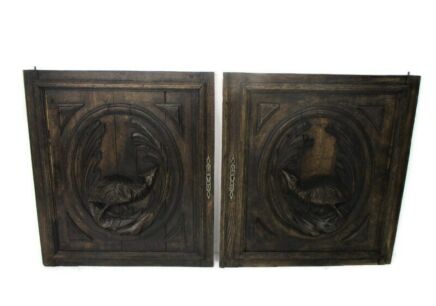 Pair Antique Hand Carved Oak Pheasants Door Panels Reclaimed Architectural