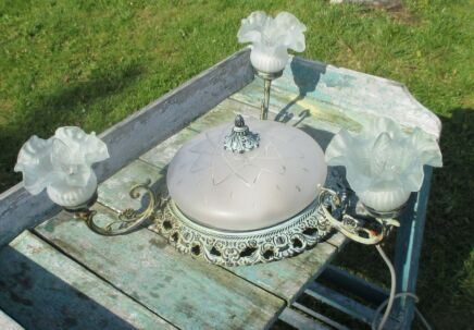 Ceiling Lamp Fixture Etched Glass Wrought Iron Tulip shapes 3 lights Chandelier
