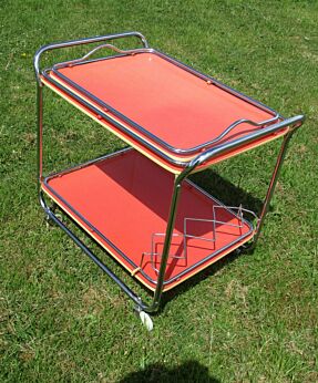 Vintage Bar Cart Mid Century Orange Red Pop art Bar Trolley Labeled