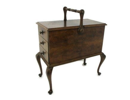Vintage Retro Quilting Knitting Sewing Box Basket Stand Walnut Cabinet Gorgeous