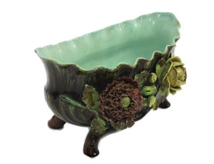Antique French Barbotine Majolica Applied Roses Basket Centerpiece Planter Beautiful