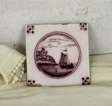 Antique Delft Tile Dutch Polychrome Purple White Dutch Sailing boat Seaside HTF