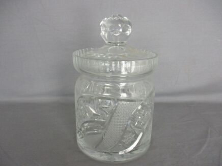 Val St Lambert Style Crystal Clear Bowl Dish Centerpiece Basket Jar Lidded art Glass Marked Etched Stars