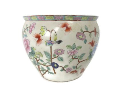 Vintage Chinese Porcelain Enamel  Koi Fish Bowl Planter Vase Butterflies Birds Flowers Cachepot