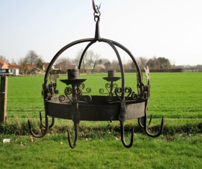 antique French Hanging Butcher Rack Cast Wrought Iron 8 hooks Doves Candlesticks