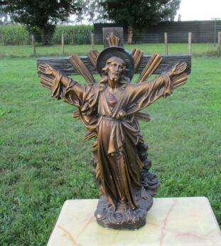 Large Plaster Antique Jesus Christ Statue Crucifix Standing Stunning 25"