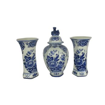 3 pcs Delft Blue Pottery Garniture Set 2 Trumpet Vases Matching Covered Urn Foo Dog