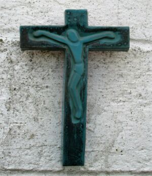 Mid Century Design Ceramic Modernist Crucifix Blue Jesus Christ marked Bayer