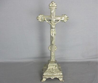 Vintage Standing Table  Crucifix Jesus Christ Cross Ornate  Spelter Silver Colored 15.94"