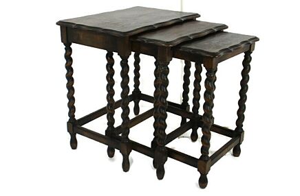 Set of 3 Barley Twist Wooden Nesting Stacking Side Tables Barn Country Style Farmhouse