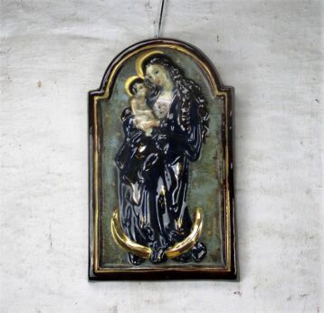 Virgin Mary Infant Child Madonna Cobalt Blue Wall hanging Ceramic