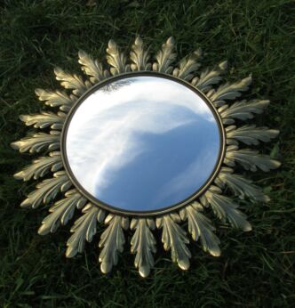 Lovely Starburst Sunburst Metal Wall Mirror Mid Century Golden Leaves Dome Glass