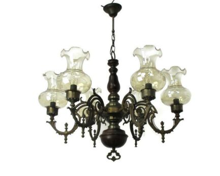 Chandelier 6 Arm Light Glass Tulip Shades Ornate Brass Wood Art Deco Style