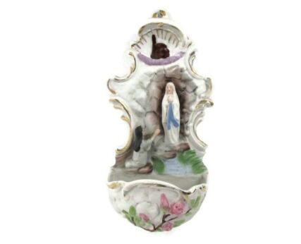 Holy Water Font Our Lady of Lourdes Bernadette Rosebuds Porcelain Collector gorgeous