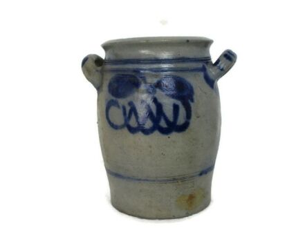 Antique French Stoneware Earthenware Crock Lard Jar Cobalt gray Planter Flower Pot Herbs Farmhouse Country Barn Cottage Style
