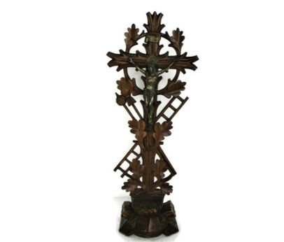 Thin Carved Wood Jesus Christ Table Standing Crucifix Cross Spelter Corpus tools of Passion 19.09"