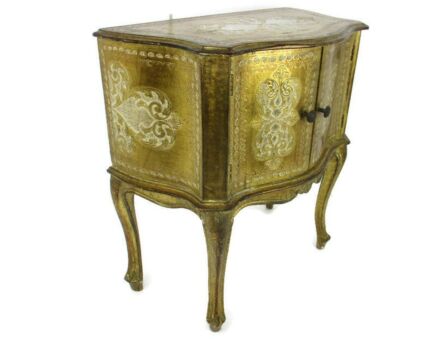 Florentine Wood Nightstand End Table Hall Cabinet Gold Gilded White  Italian Stunning