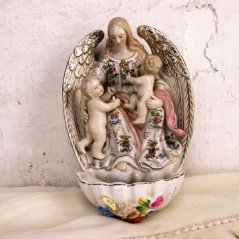 L Holy Water Font Vessel Angel Cherubs Porcelain Marked HTF Hand Painted 9.25"