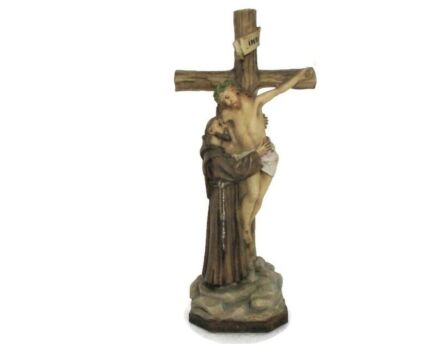 Saint Francis of Assisi Carrying Jesus Christ Cross Resin Statue Crucifix