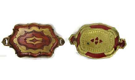 set of 2 small Mid Century Italy Hollywood Regency Florentine Serving Tray Red Orange Gold Resin Decoration Ornate