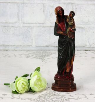 Small Statue Mother Virgin Mary Madonna with Infant Child Polychrome Plaster