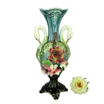 Antique Barbotine Majolica Vase Applied Roses Swan heads Handles Gorgeous Marked