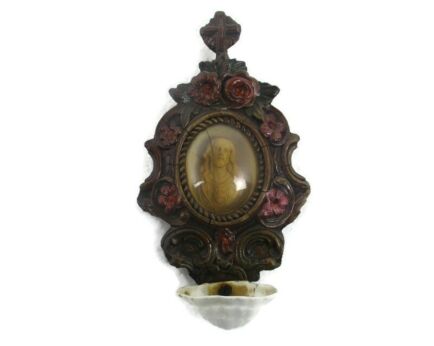 Antique  Holy Water Font Vessel Black Forest Ornate Wood hand Carved  Pink Flowers Jesus Head