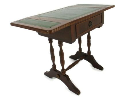 Antique Hallway Drop Gate Gaming Side Table Wood Faux Leather Country Style Gorgeous