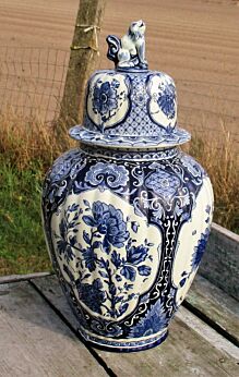 Small Petrus Regout Maastricht Delft Vase Urn Marked Blue White Foo Dog